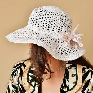 Lorena Antoniazzi Raffia White Hat with Floral Brooch